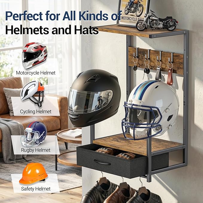 Housolution Motorcycle Helmet Wall Mount with Fabric Drawer, Helmet Holder with 4 Glove Chips and 4 Hooks for Riding Suits & Accessories, Helmet Stand Display for Bike, Baseballs and Rugby Helmets
