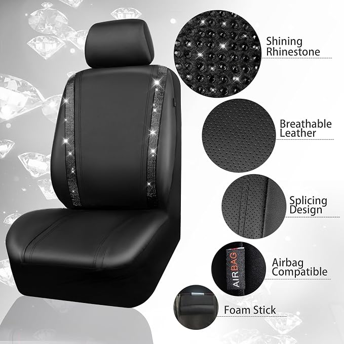 CAR PASS Diamond Bling Leather Seat Covers Set Car Floor Mats Glitter Rhinestone Steering Wheel and Car Interior Accessory Set for Women Black
