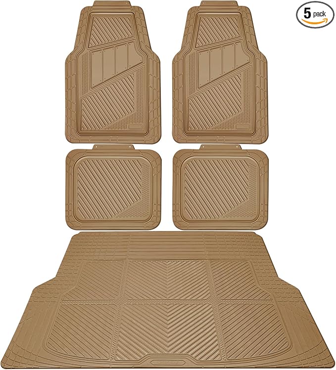 CAR PASS Heavy Duty Rubber Floor Mats Gray Car Mats Full Set with Trunk Cargo Liner - Universal Waterproof Floor Mats for Car SUV Truck, Durable All Weather Automotive Liner Mats (All Beige)