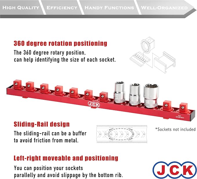 JCK Professional Quality Aluminum Socket Organizer (1/2" Socket) with special designed strip & 360 degree rotary positioning studs Red for Metric/Imperial tool Organizer secure socket storage toolbox