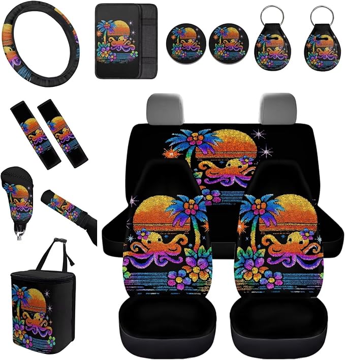 Forchrinse Hawaiian Octopus Car Seat Covers Full Set for Women Men Front Back Seat Cover Steering Wheel Cover Seatbelt Pads Handbrake Gearshift Cover Garbage Can 15Pack Auto Accessories