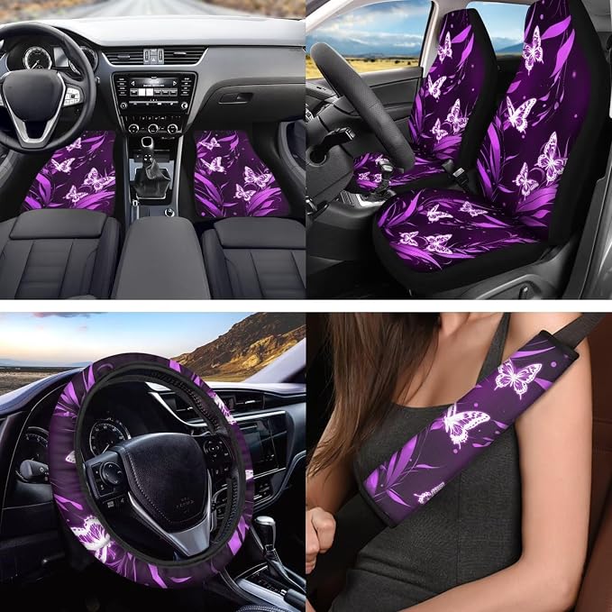 Purple Butterfly Car Seat Covers Full Set Auto Steering Wheel Cover Floor Mats Seat Belt Pads Armrest Pad Covers Roof Handle Wraps Cup Coasters Keychains Car Accessories Set of 18