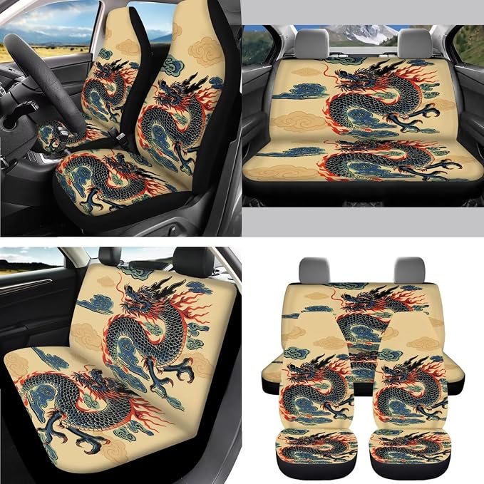 AFPANQZ Retro Dragon 11 Pcs Car Seat Cover of Front Rear Full Set Car Accessories Include Hand Brake and Gear Shift Knob Cover, Seat Belt Pads, Steering Wheel Cover for Womens