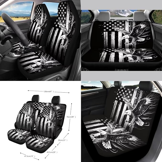 15Pcs Car Seat Cover Full Set Car Steering Wheel Cover Seat Belt Cover Trash Bin Air Vent Storage Box Front Rear View Mirror Car Cup Holder Keychain, Vintage American Flag Eagle