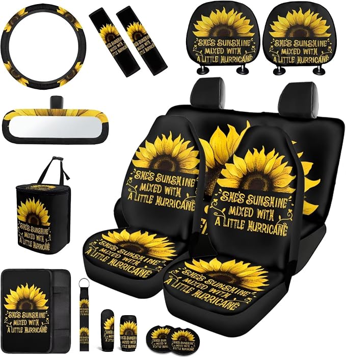 She's Sunshine Sunflower Car Seat Covers Set Full Set 17 Pack Sunflower Car Accessories Set with Cute Cow Print Steering Wheel Covers,Headrest Covers,Trash Container for Auto,Universal Fit