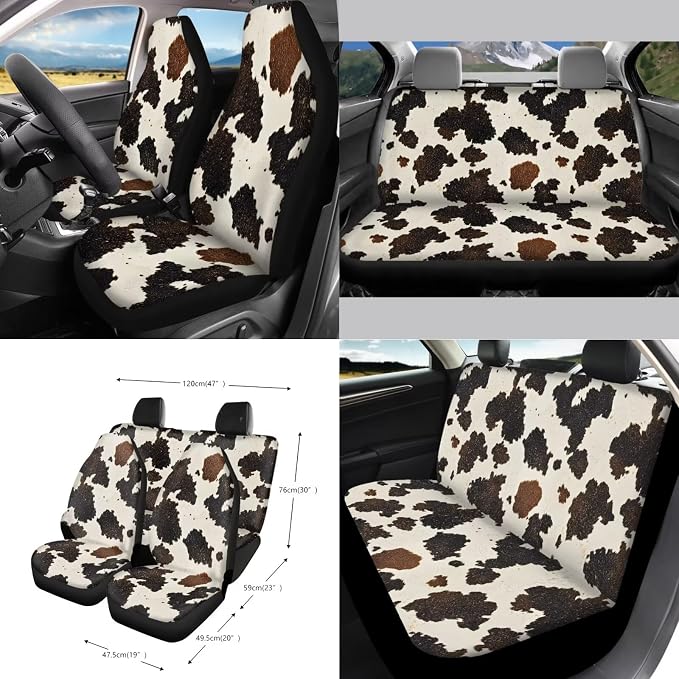 Cow Pattern Car Accessories Set of 15 Car Seat Cover Full Set with Steering Wheel Cover Car Trash Can Coasters Air Vent Storage Bag Seatbelt Cover Rearview Mirror Cover