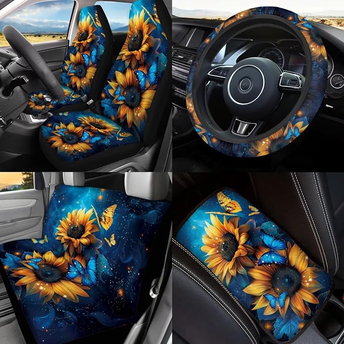 Sunflower Car Seat Covers Full Sets for Women,17 Pack Butterfly Car Accessories with Headrest Covers,Steering Wheel Covers,Trash Container for Car Universal Automotive Decor,Easy to Install
