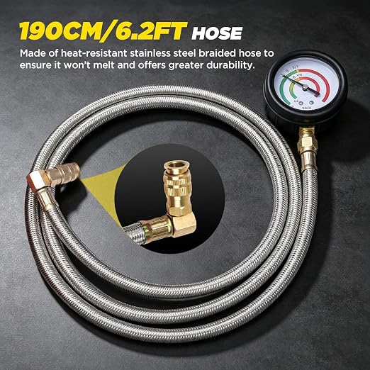 Exhaust Back Pressure Tester Kit, Car Gauge Set, 6.2FT Stainless Steel Hose | Brass Quick-Connect Coupler, Included Gloves, Carrying Case, M12 and M18 Adapter, Easy Operation, 3-Year Warranty