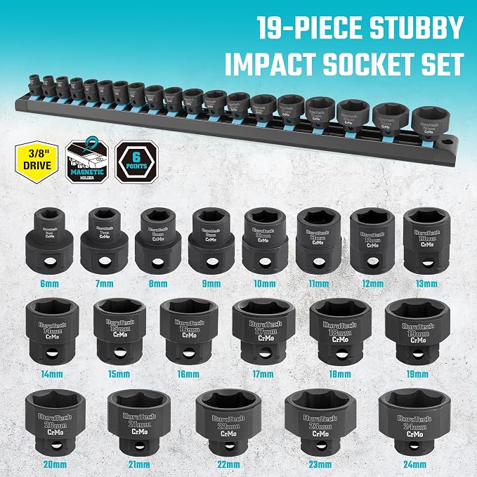 DURATECH Extra Long Flex Head Ratchet Wrench&19-Piece 3/8" Drive Stubby Impact Socket Set