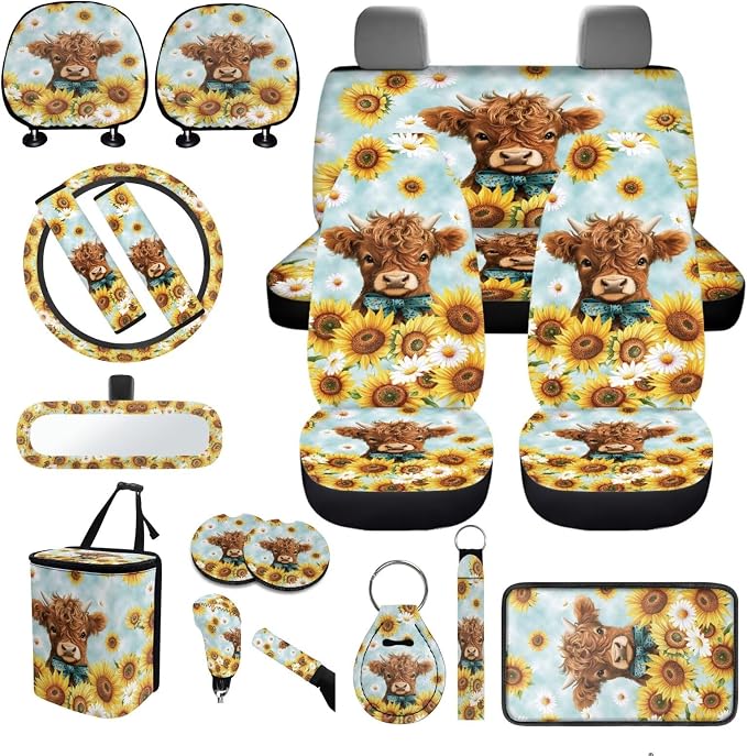 Highland Cow Sunflower Print Car Seat Covers Full Sets 18 Pieces Highland Cow and Sunflower Car Interior Accessories Sets Soft Car Seat Belt Pads Cover Car Trash Can Car Headrest Covers