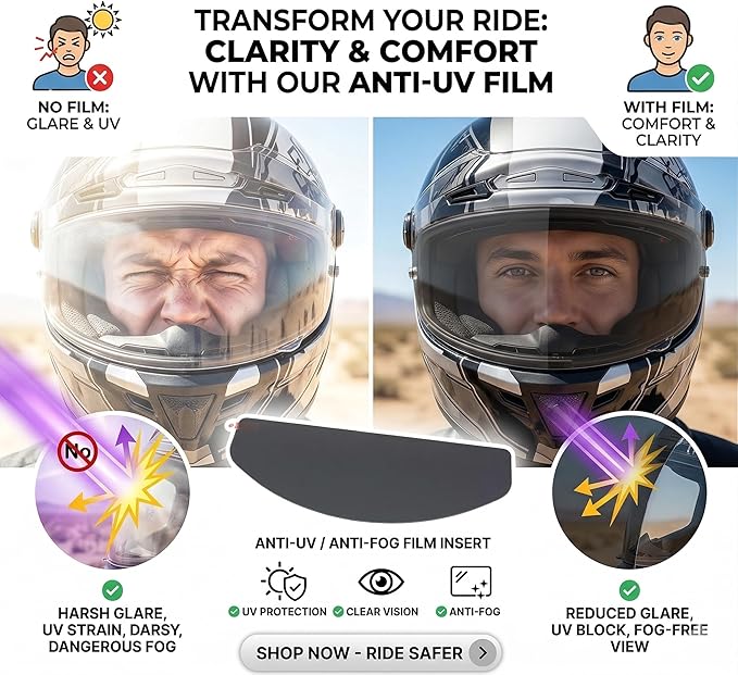 Universal Helmet Visor Anti-UV and Anti-Fog Combined Film - Ideal for Motorcycle Helmet Lens, Alternative to Insert Lens - Ultra HD Helmet Shield Films, Anti-Steaming, Safer Rides
