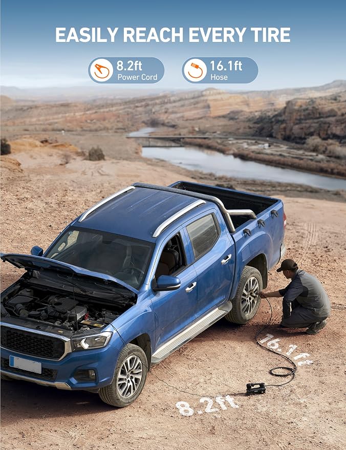AstroAI T3 Heavy-Duty Air Compressor 12V Portable Offroad Air Compressor with 1.97CFM, 120PSI Tire Pump with Alligator Clips, LED Light for Pickups,Trucks, SUVs, RVs Cars for Up to 33 Inch Tires