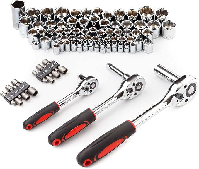 CARTMAN 205 Piece Ratchet Wrench Tool Set,1/4" & 3/8" & 1/2" Drive with SAE/Metric Sockets Kit in Plastic Toolbox