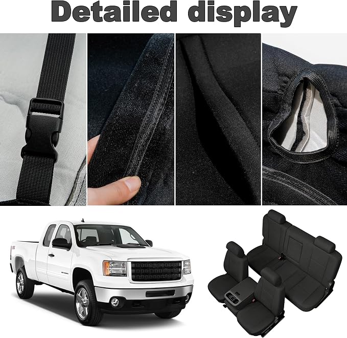 Seat Covers for Chevy Silverado & GMC Sierra 1500/2500HD 2007-2013 Heavy Duty Cloth Protector Interior Accessories，Waterproof & Machine Washable-Black (Front & Rear)