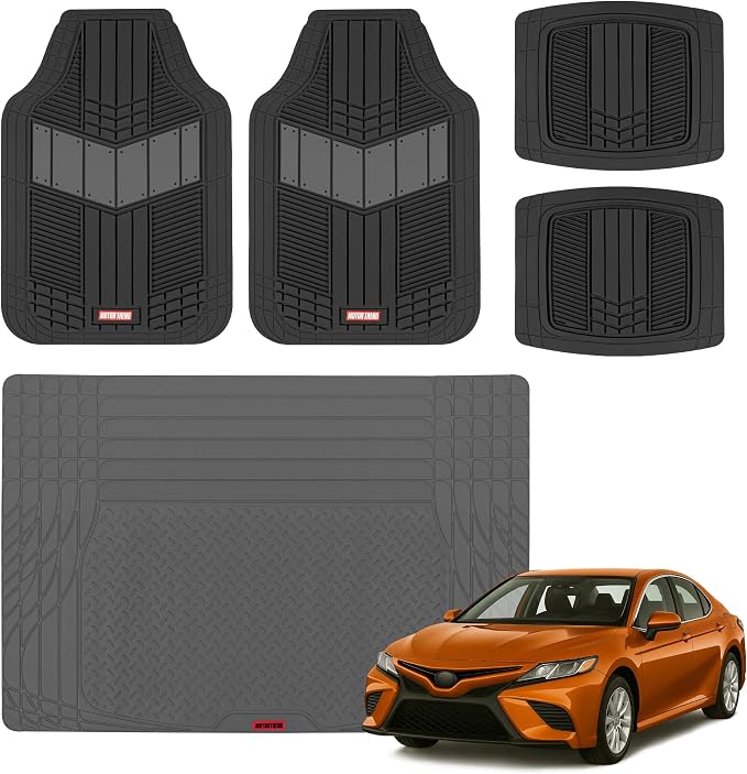 Motor Trend FlexTough Gray Floor Mats for Cars & Cargo Mat Full Set - All Weather Front & Rear Rubber Automotive Floor Mats & Cargo Liner for SUV, Car, & Van - Interior Trunk Mat & Floor Cover