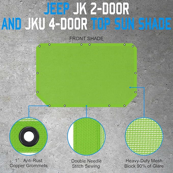 JK Sun Shade Top Compatible with Jeep Wrangler 4 Door 2007 to 2018 Sunshade Sunroof Bikini Cover Blocks UV Wind Noise Green Mesh for Front