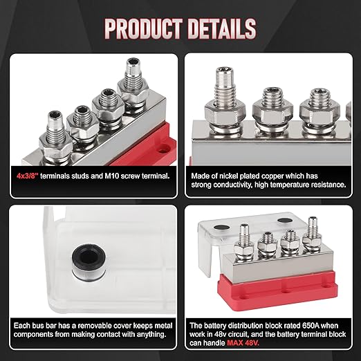 600A Bus Bar Power Distribution Block 12-48V Terminal Block 4x3/8(M10) Studs Marine Battery Bus Bar with Waterproof Cover Quick Mount for Automotive Car Boat Solar System (Red)
