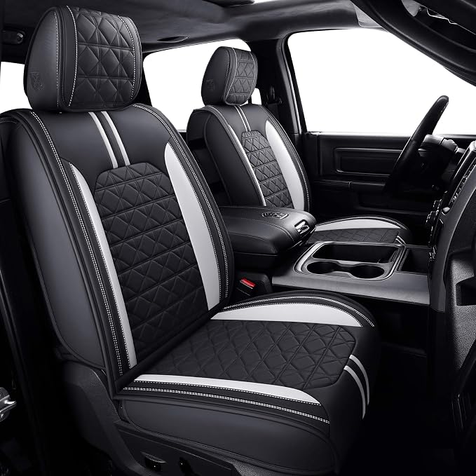 YIERTAI Truck Seat Covers for Dodge RAM fit 2009-2025 2026 1500 2500 3500HD Limited Laramie Classic Bighorn Longhorn Crew Double Quad Cab Mega Cab Waterproof Leather(2 PCS Front only/Black-White)