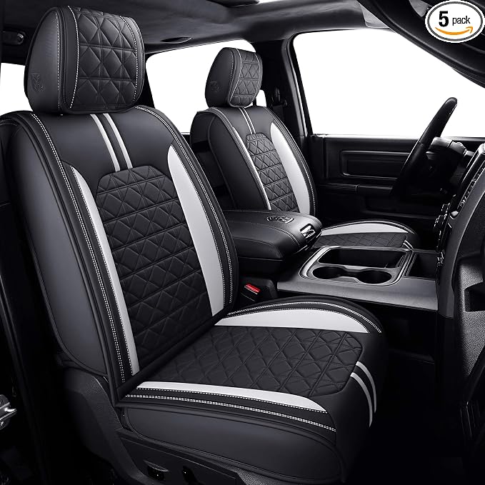 YIERTAI Dodge RAM Seat Covers for 2009-2025 2026 1500HD 2010-2025 2026 2500/3500HD Crew Double Cab Quad Cab Laramie Tradesman Truck Waterproof Faux Leather(5 PCS Full Set/Black-White)