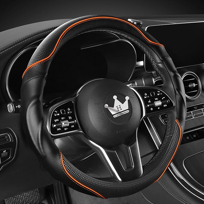 HighnessHwoo 3D Car Steering Wheel Cover Comfort Grip Massage Sporty Anti-Slip Carbon Fiber Faux Leather for Sedan SUV, Universal Fit, Car Handle Covers for All Seasons, 14.75-15.15in, Orange