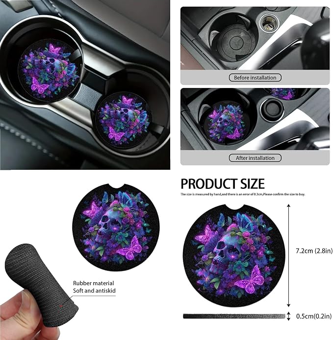 Skull Floral Butterfly Print Car Seat Cover Set Steering Wheel Covers Seat Belt Strap Cover Garbage Cans Air Vent Storage Holder Rear View Mirror Covers Coasters Key Chain, 15 Pack