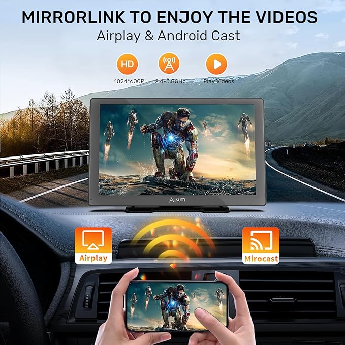 Wireless Apple Carplay Screen for Car, 9" HD Touchscreen Portable Car Stereo with Android Auto, Backup Camera, Mirror Link, GPS Navigation, Voice Control, AUX - Compatible with All Vehicles