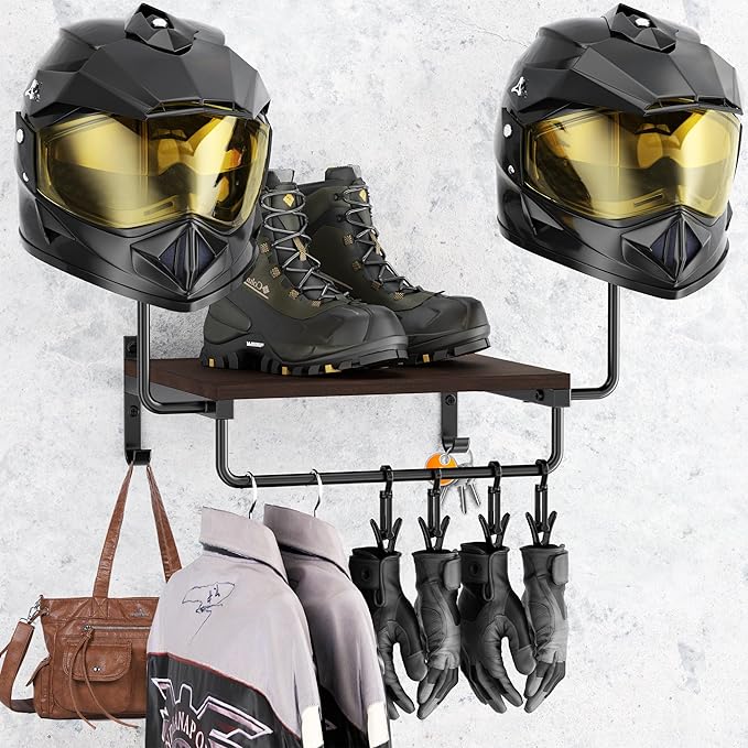Motorcycle Helmet Holder Wall Mount, Helmet Display Stand, Motorcycle Gear Rack Storage, Helmet and Jacket Holder, Helmet Hanger with 6 Hooks, Motorbike Helmet Accessories (Black)