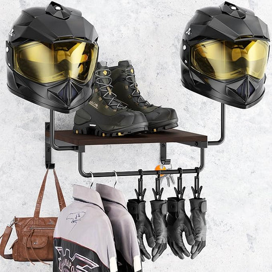 Motorcycle Helmet Holder Wall Mount, Helmet Display Stand, Motorcycle Gear Rack Storage, Helmet and Jacket Holder, Helmet Hanger with 6 Hooks, Motorbike Helmet Accessories (Black)