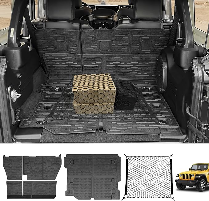 Cargo Mats & Trunk Net for 2018-2024 Jeep Wrangler JL Unlimited 4X4 Trunk Mat Backrest Liner with Cargo Net All Weather Rear Back Seat Mat Cargo Net for Wrangler JL 4 Door Accessories Only