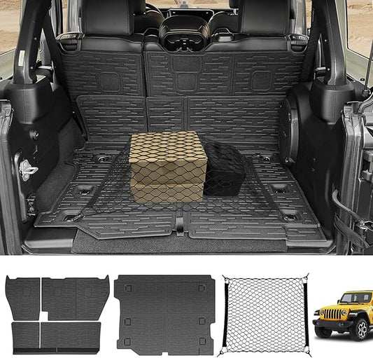 Cargo Mats & Trunk Net for 2018-2024 Jeep Wrangler JL Unlimited 4X4 Trunk Mat Backrest Liner with Cargo Net All Weather Rear Back Seat Mat Cargo Net for Wrangler JL 4 Door Accessories Only