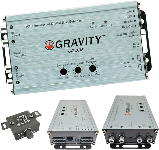 Gravity GR-DBE 2-Channel Premium Line-Out Converter with Digital Bass Enchancer with Knob/Dual Amplifier / 9.5 Volt Pre-Amp Outs/Level Matching Controls
