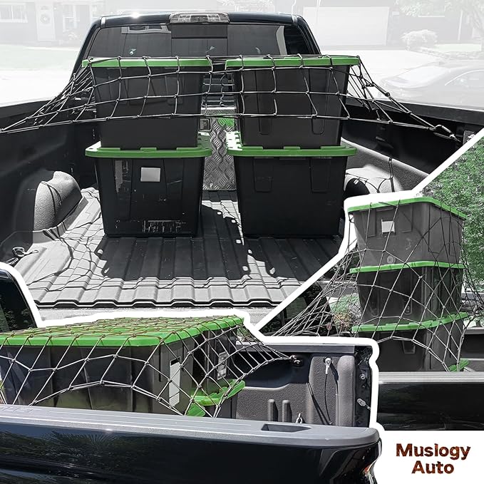 Muslogy Truck Bed Cargo Net Trunk Netting Compatible with Pickup Bed Stretchable 4'x6' to 8'x12' Accessories, Pickup Cargo Organizer SUV Sedan Storage Net w/Heavy Duty Carabiners