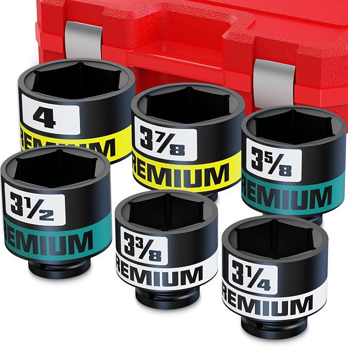 1” Drive Impact Socket Set, 3-1/4” -4” Axle Nut Sockets, 6pcs Shallow Jumbo Sockets, SAE, 6 Point, Cr-V, Repair Tools for Installing and Removing Stubborn Spindle Nuts and Bolts