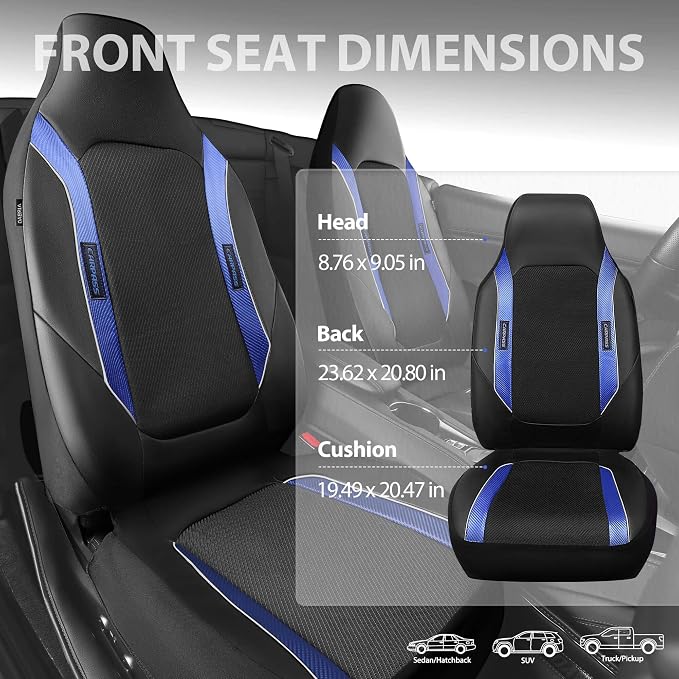 CAR PASS Sporty High Back 3D Oxford Waterproof Car Seat Cover Two Front, Universal Carbon Fiber Leather Bucket Seat Cover All Weather, Airbag Compatible Fit Sports Car SUV Sedan Truck Black Blue