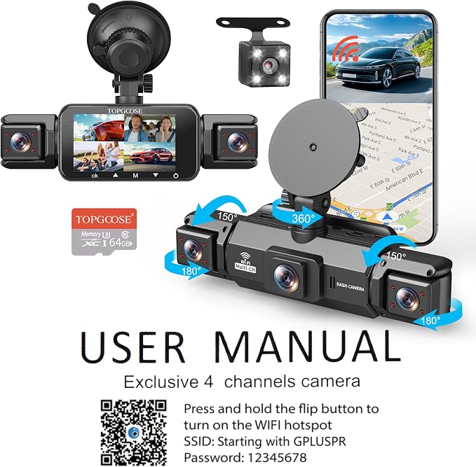 4 Channel Dash Cam 360° View, TOPGOOSE 2K FHD Front and Rear Inside, Left Right Dash Camera for Cars, 5G WiFi & APP Control, with 64GB SD Card, G-Sensor, 8 IR Lamps Night Vision (3.17 inches)