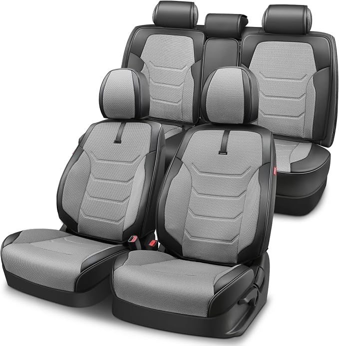 Auto Dynasty Car Seat Covers Full Set, Anti-Slip Automotive Interior Covers with Storage Pocket, Breathable Car Seat Protectors, Airbag Compatible, Universal Fit Most Vehicles, Gray (Sport Series)