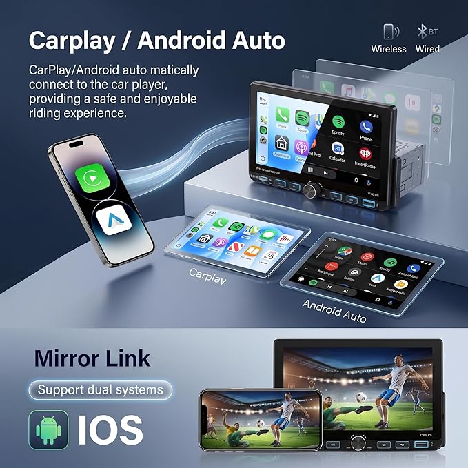 Single Din Radio Car Stereo with Wireless/Wired CarPlay & Android Auto, 7'' Single Din Touchscreen with BT,Mirror Link,FM/AM/RDS,EQ,USB/Type-C,Rear View Camera,SWC,Mic