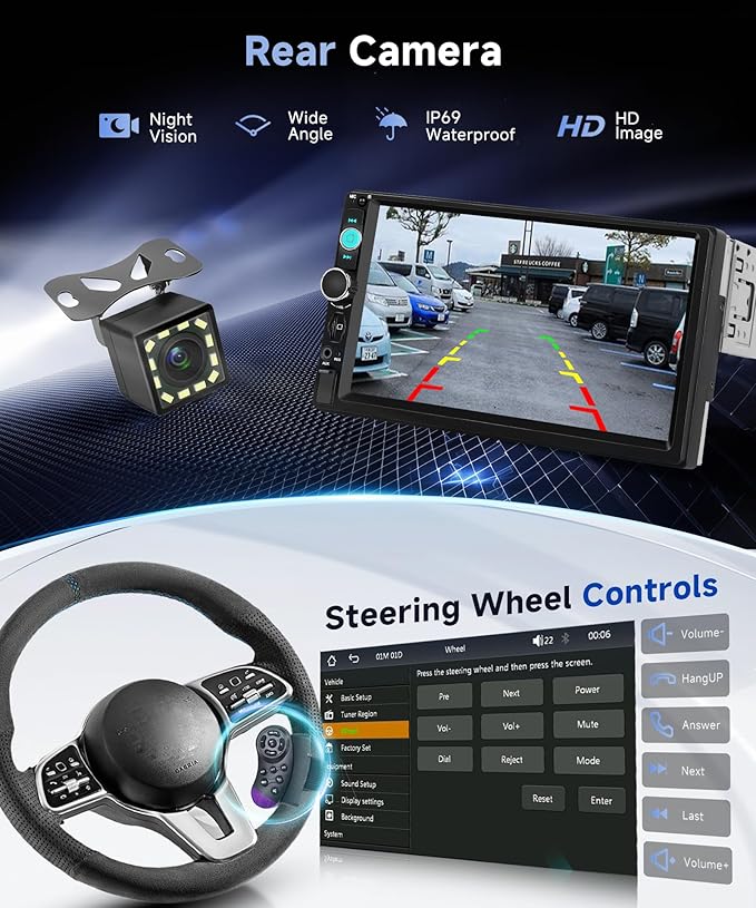 Single Din Car Stereo with Wireless Carplay Android Auto You-Tube, 7" IPS Touch Screen Car Radio 1 Din with Backup Camera Car Audio Receiver Support Mirror Link Bluetooth FM USB EQ SWC