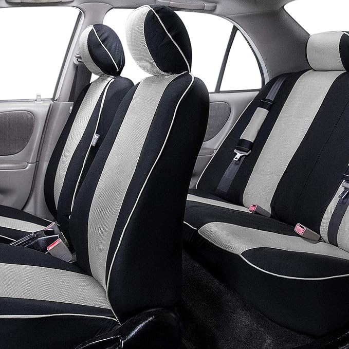 FH Group Car Seat Covers Three Row 7 Seater Cloth Car Seat Covers with Piping (Airbag and Split Ready) - Universal Fit for Cars Trucks & SUVs Gray/Black