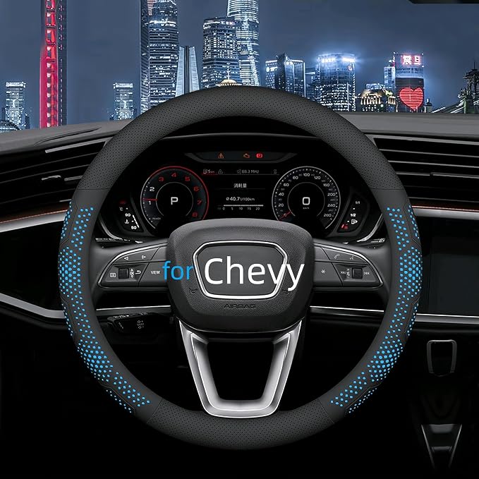 Yangday Leather Steering Wheel Cover for Chevy Silverado 1500 2500 3500, 14.5-15 inches Car Steering Wheel Cover with Non-Slip Breathable (Blue)