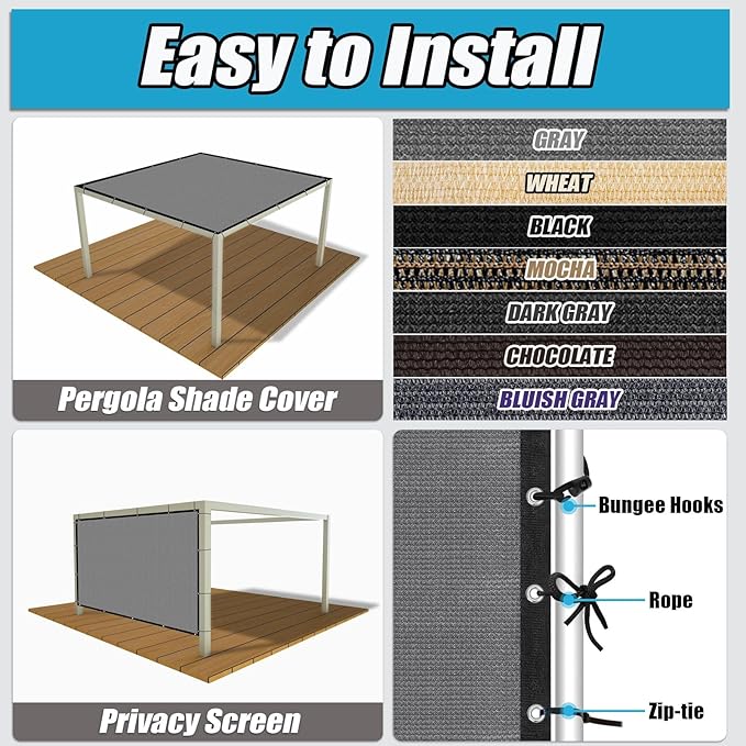 Amagenix 90% Sun Shade Cloth with Grommets, 8' x 8' Pergola Replacement Shade Cover Canopy Privacy Screen for Outdoor Patio Garden, Gray (We Customized)