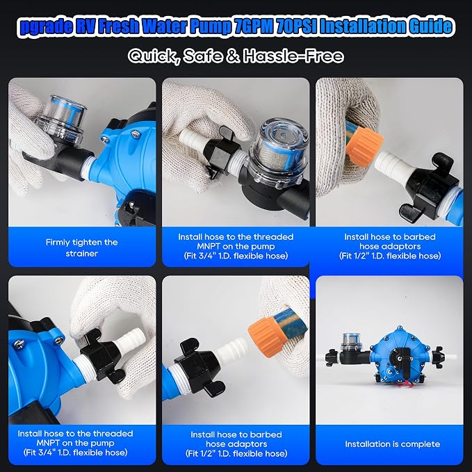 Upgraded 12V RV Water Pump, 7GPM 70PSI, Five Chamber Self-Priming Diaphragm 12V DC RV Fresh Pump with Heavy Duty Pressure Switch & Strainer for Marine, Yacht, Caravan, Camper