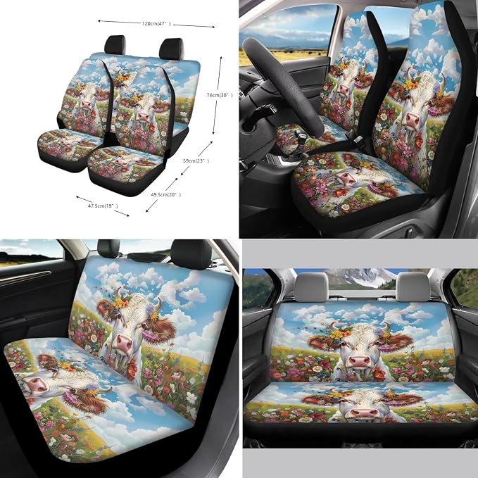 Suobstales Cow Flower Print Car Accessories for Women Seat Covers Set with Universal Steering Wheel Cover Seatbelt Pads, Cup Holder Coasters, Keychain Fits SUV Trunk Sedan