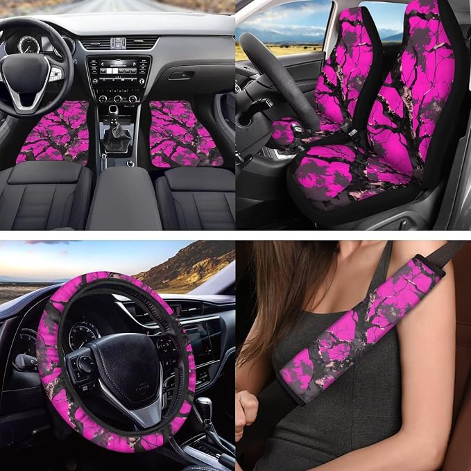 Twig Prints Car Accessories Set of 18, Car Seat Covers Full Set with Auto Steering Wheel Cover Floor Mats Armrest Pad Covers Seat Belt Pads Roof Handle Wraps Cup Coaster Keychain