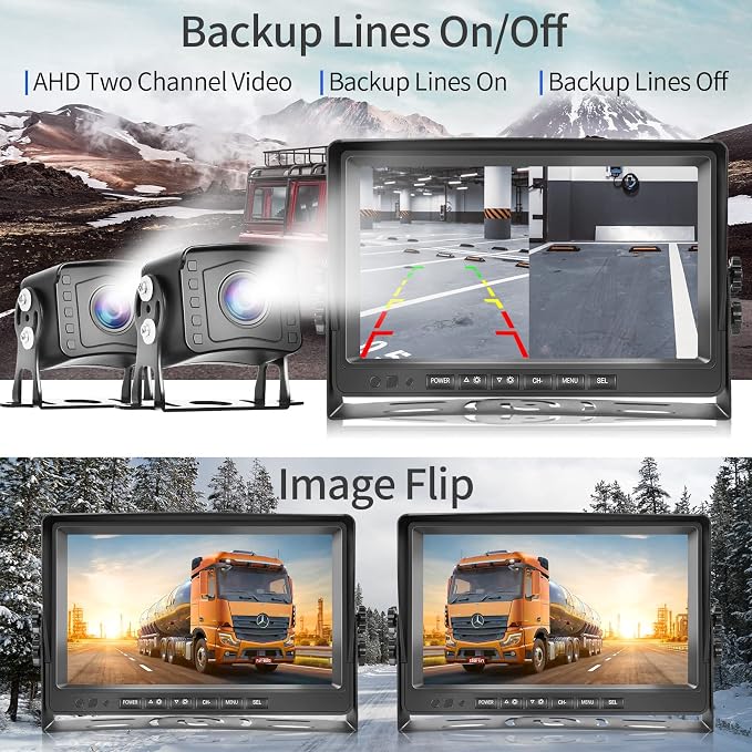 Dual RV Backup Camera System 1080P, Hodozzy 9 Inch AHD Reversing Camera Monitor Wired IP69 Waterproof Full Color Night Vision Loop Recording Car Reversing Rear View Camera for Truck/Trailer/RV 12-35V