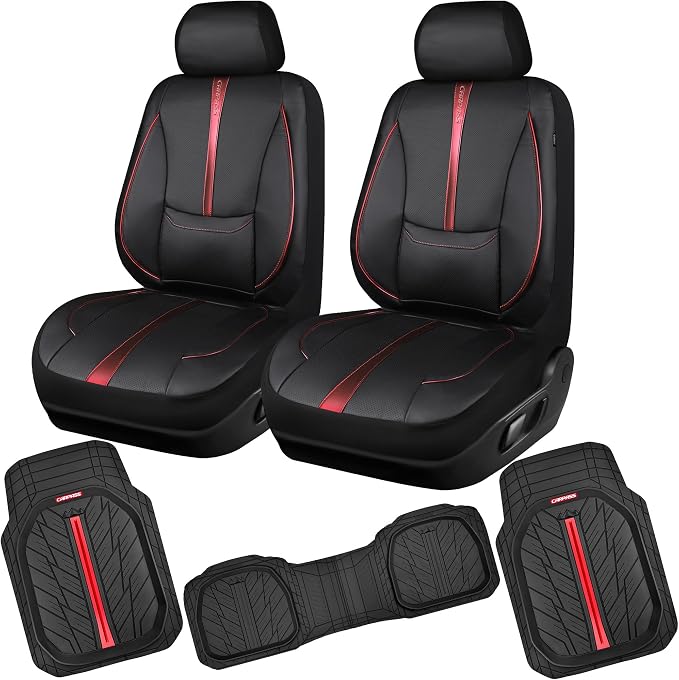 CAR PASS 3D Foam Support Red Leather Car Seat Covers Front Seats,Waterproof Faux Leather Front Seat Cover for Car,Universal Fit Anti-Slip for SUV Truck,Rubber Floor Mats for Cars