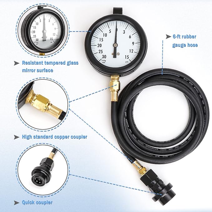 Fuel Pressure Tester Kit Compatible with TU-32-6 Fuel System Test 6.6 L | GM Duramax Diesel Gauge Assembly Test Kit with Quick Coupler 30 inHg 15 PSI 6FT Black Hose Storage Box
