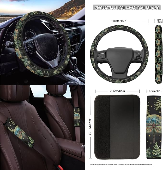 Moon Dragonfly Leaf Print Car Accessories Set Car Seat Covers Steering Wheel Cover Seatbelt Strap Pad Trash Cans Air Vent Storage Bag Coasters Rearview Mirror Cover Keychain 15 Pack