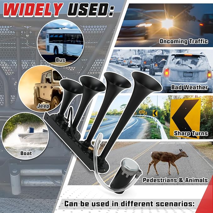 PTNHZ Single Row 4 Trumpet Air Horns Kit w/Air Compressor (No Wiring Harness & Button Switch) 12/24V Super Loud 178dB Universal for Pickup Car Jeep SUV Train Boat(Black)