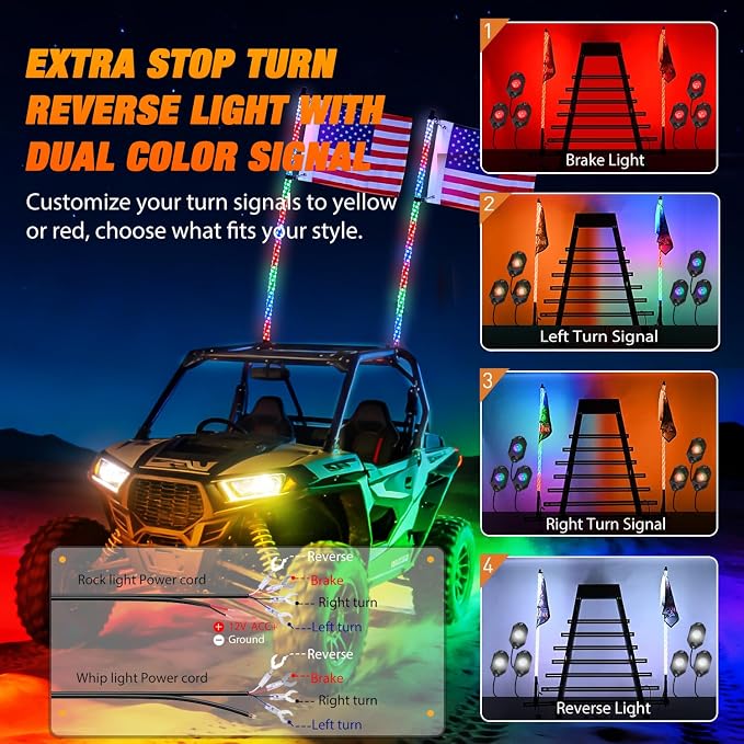 Nilight 2PCS 3FT RGB LED Whip Light and 6 PCS Rock Lights Combo Remote App Control w/DIY Chasing Patterns Stop Turn Reverse Modes Safety Antenna Whips for ATV UTV Polaris RZR Can-am Dune Buggy Jeep
